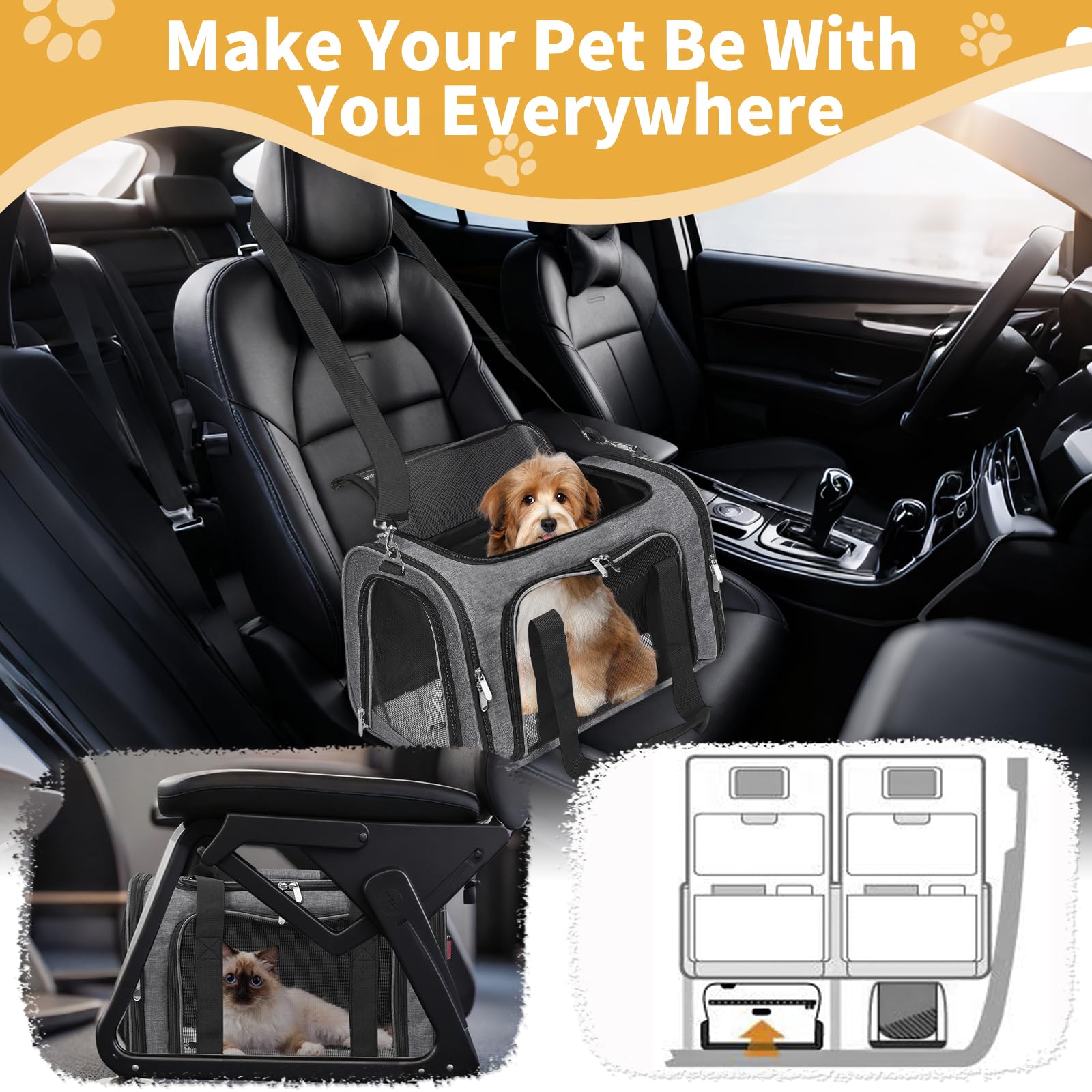 LEHNI under-seat-friendly pet carrier footprint fits cars, buses, and cabin spaces.