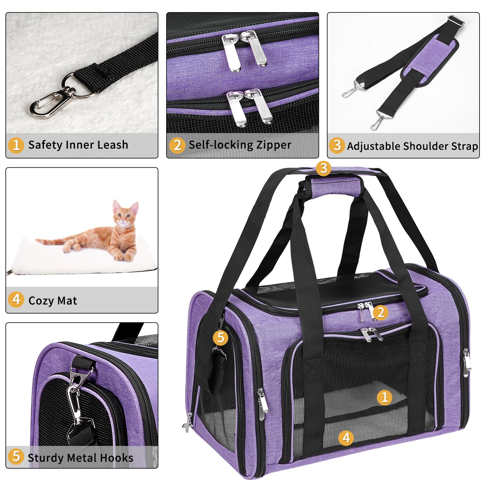 LEHNI pet carrier front pocket for toys and treats during travel.