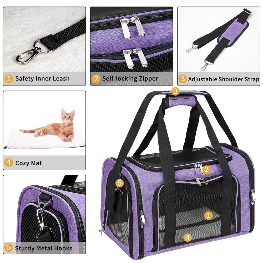 LEHNI pet carrier front pocket for toys and treats during travel.