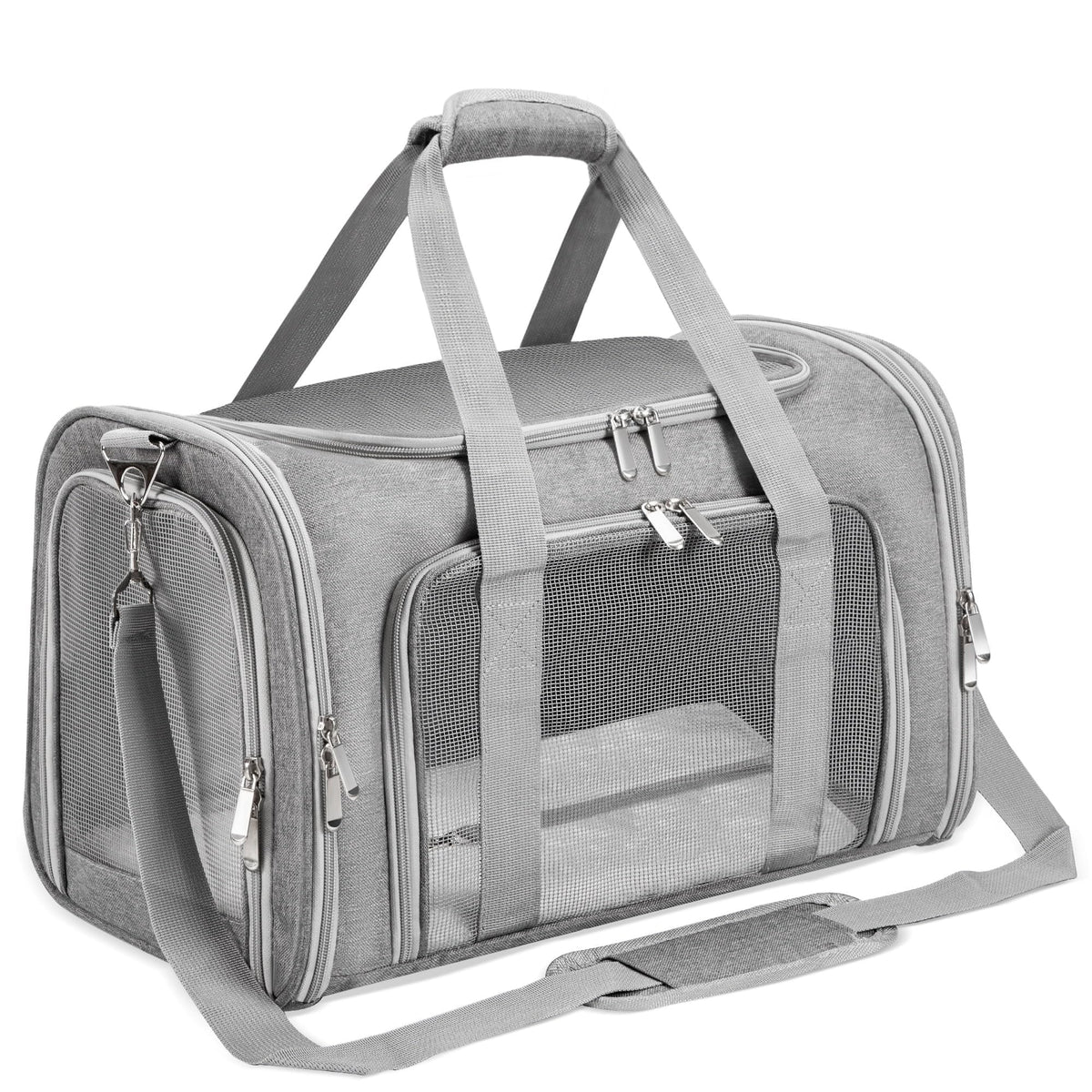 LEHNI soft-sided pet carrier front view with breathable mesh for travel comfort.