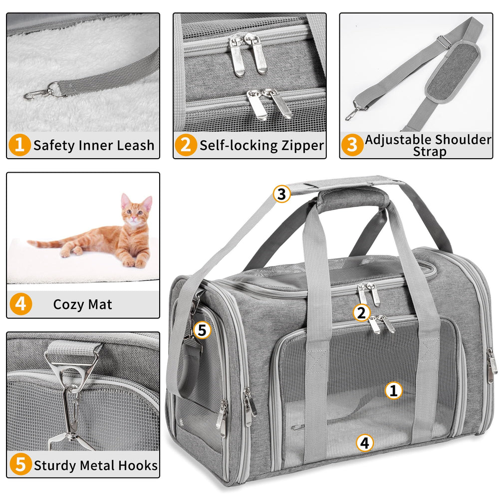 LEHNI soft-sided pet carrier open mesh promotes ventilation during trips.