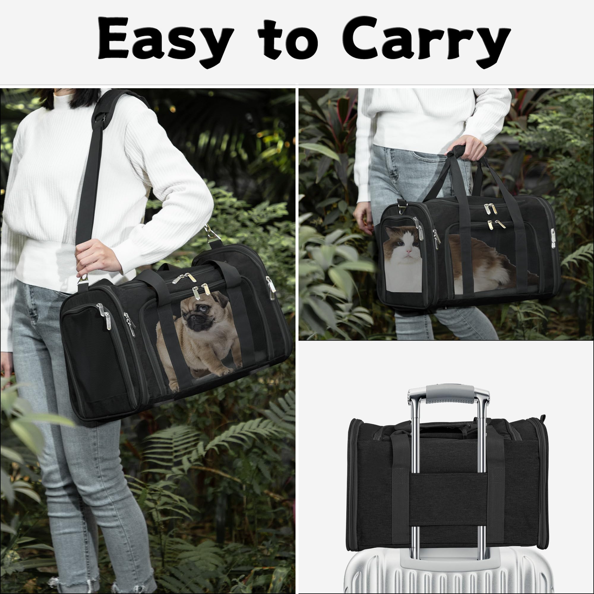 LEHNI soft sided pet carrier safety belt attachment keeps pets secure in car.