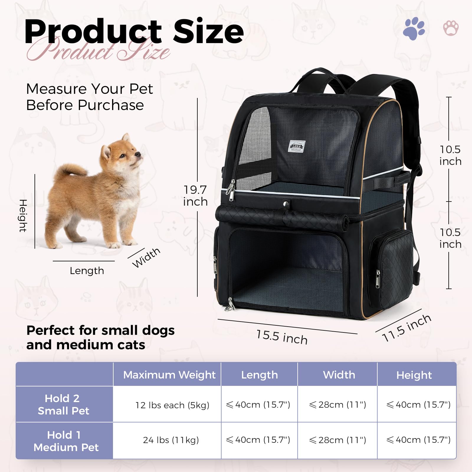 Lekebobor double-cat backpack side pockets for quick pet supplies
