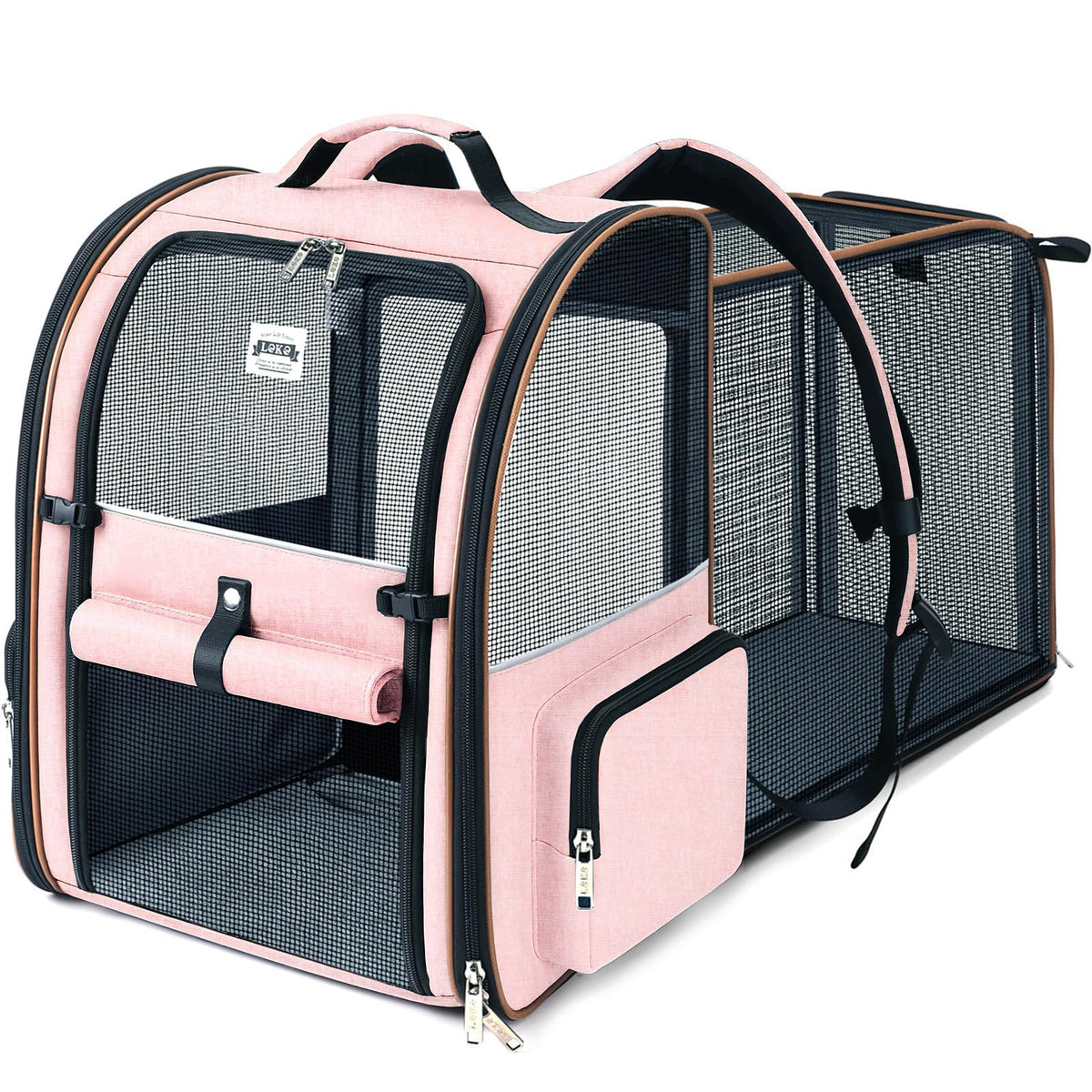 Lekebobor large cat backpack carrier front view showing roomy airflow and entrances