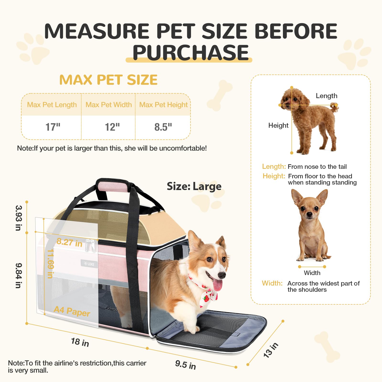 Lekereise airline-approved carrier compact fit under seat on Southwest or Frontier flights.