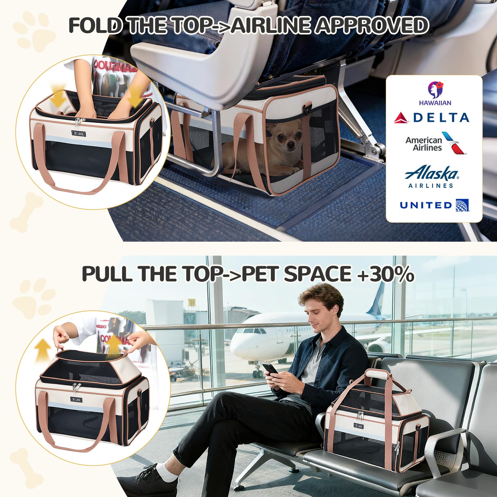 Lekereise expandable space lets pet stand and relax inside the carrier.