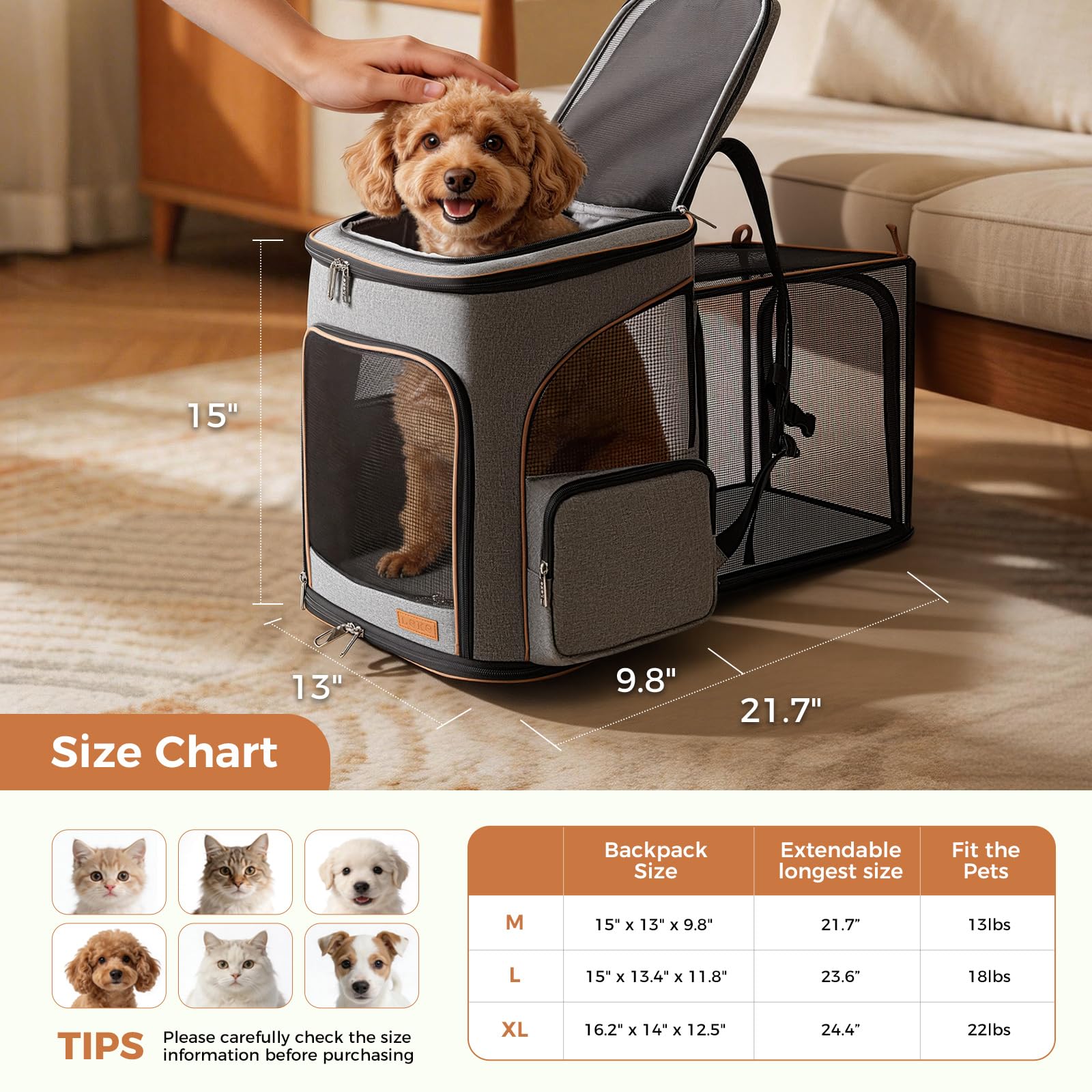Lekereise Large Cat Backpack expanded back view for extra space.