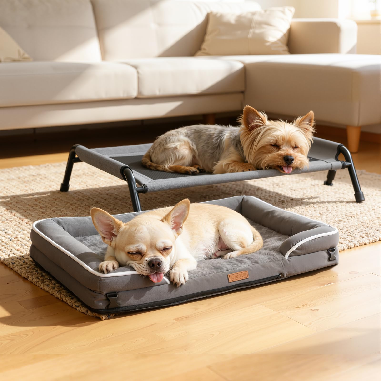 Lekereise Raised Dog Bed top view showing memory foam cushion for small dogs