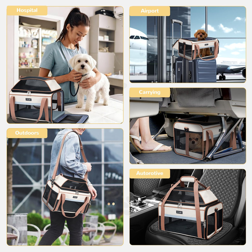 Lekereise soft-sided pet carrier in use during travel and handling.