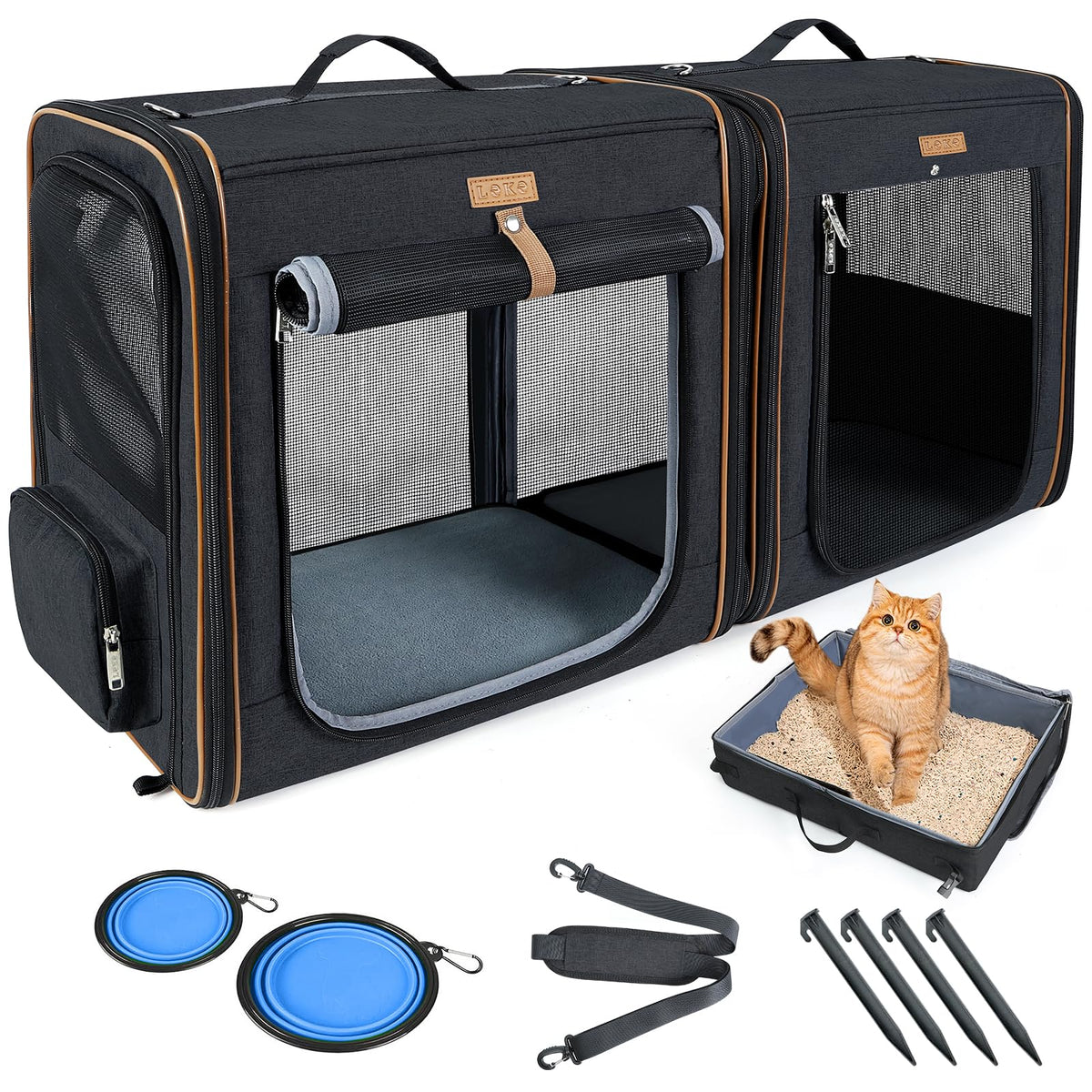 Lekereise two-cat carrier connection used for smooth multi-pet travel.