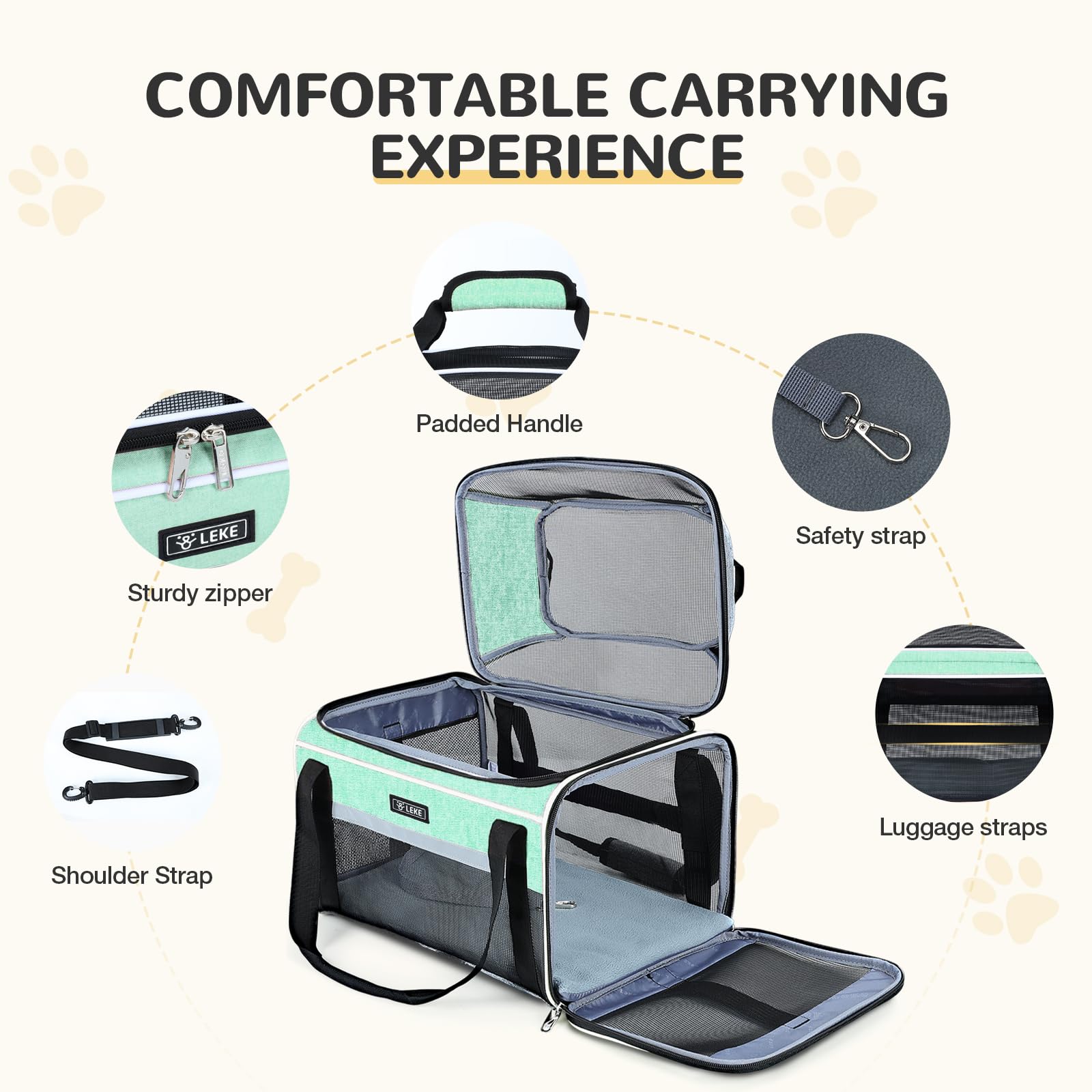 Lekereise waterproof fabric offers durability and pet-friendly travel use.