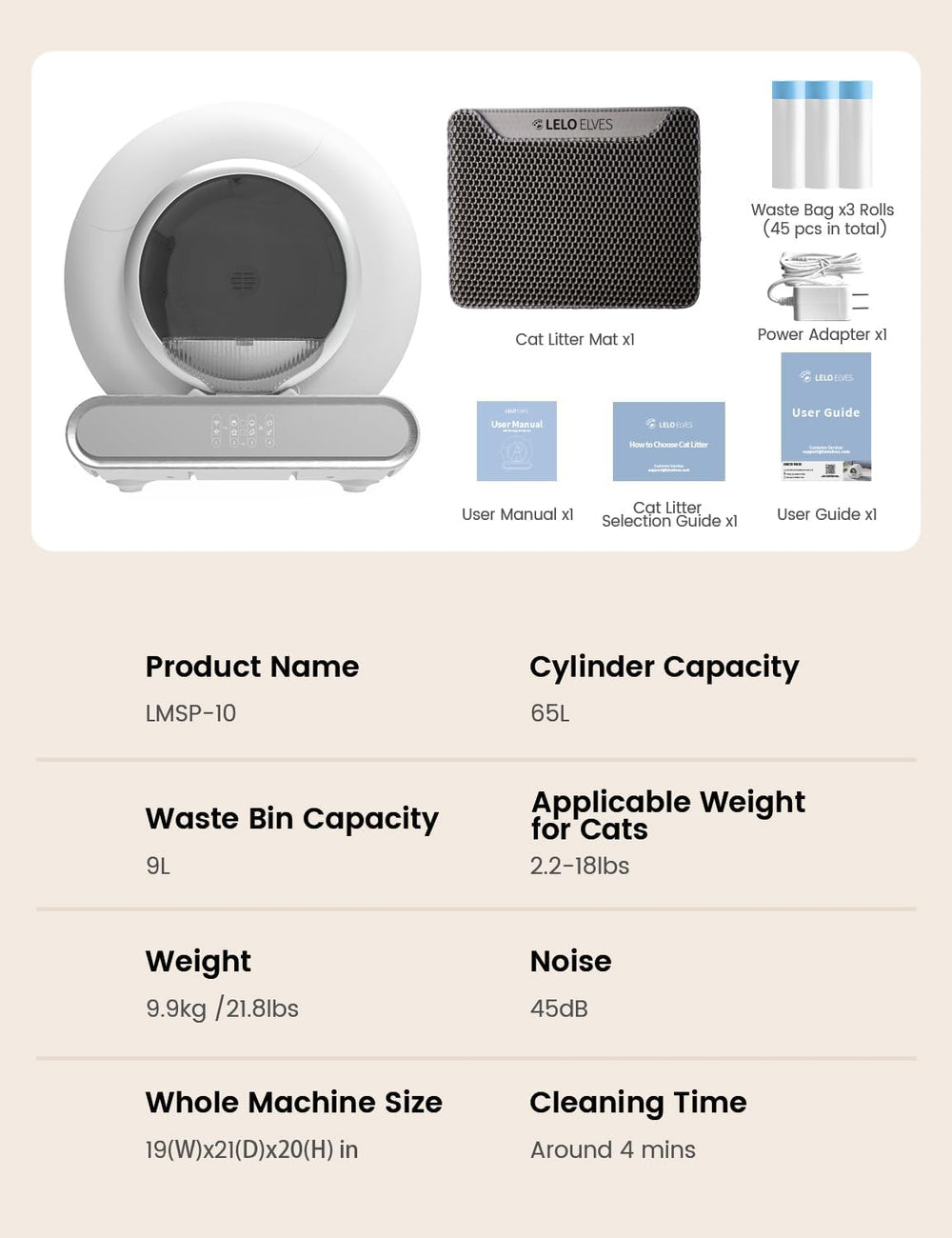 LELO ELVES kit includes mat, liners, and three waste rolls.