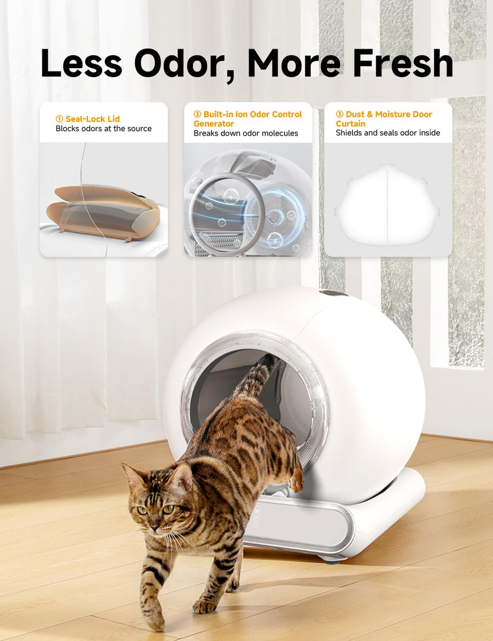 LELOKIDZ self-cleaning litter box 9L waste bin reduces frequent emptying.