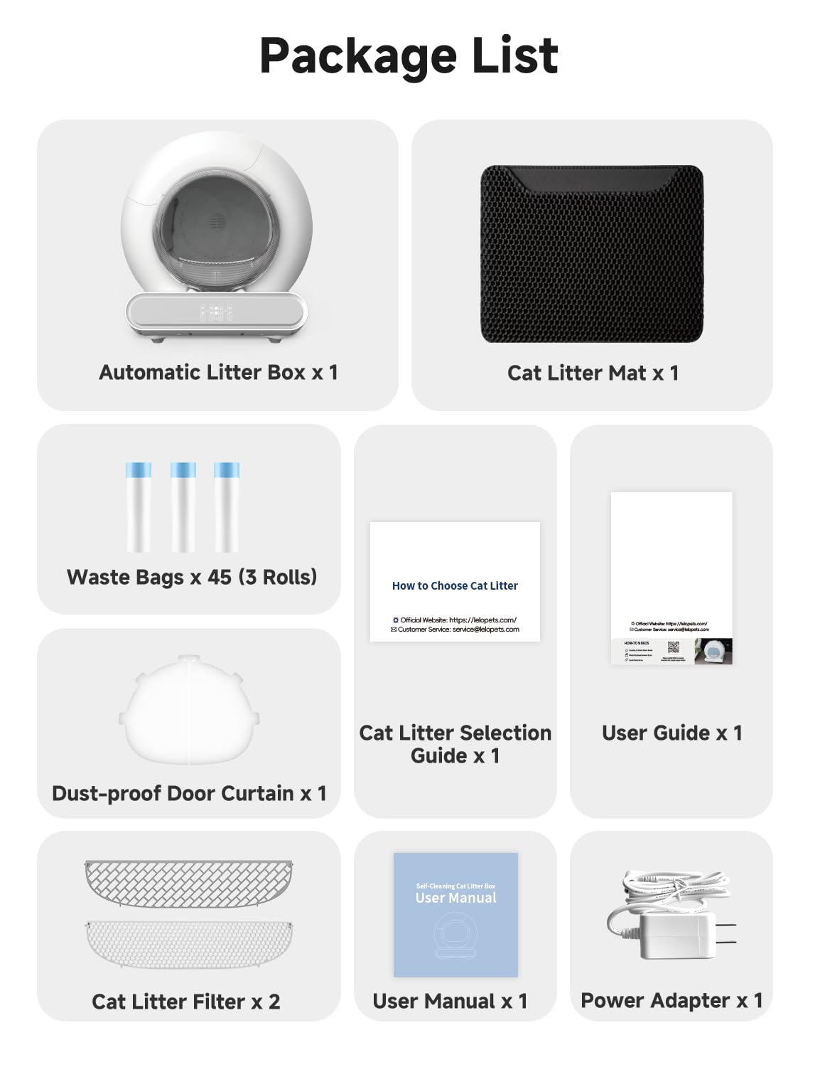 LELOKIDZ self-cleaning litter box includes liners and rolls for convenience.