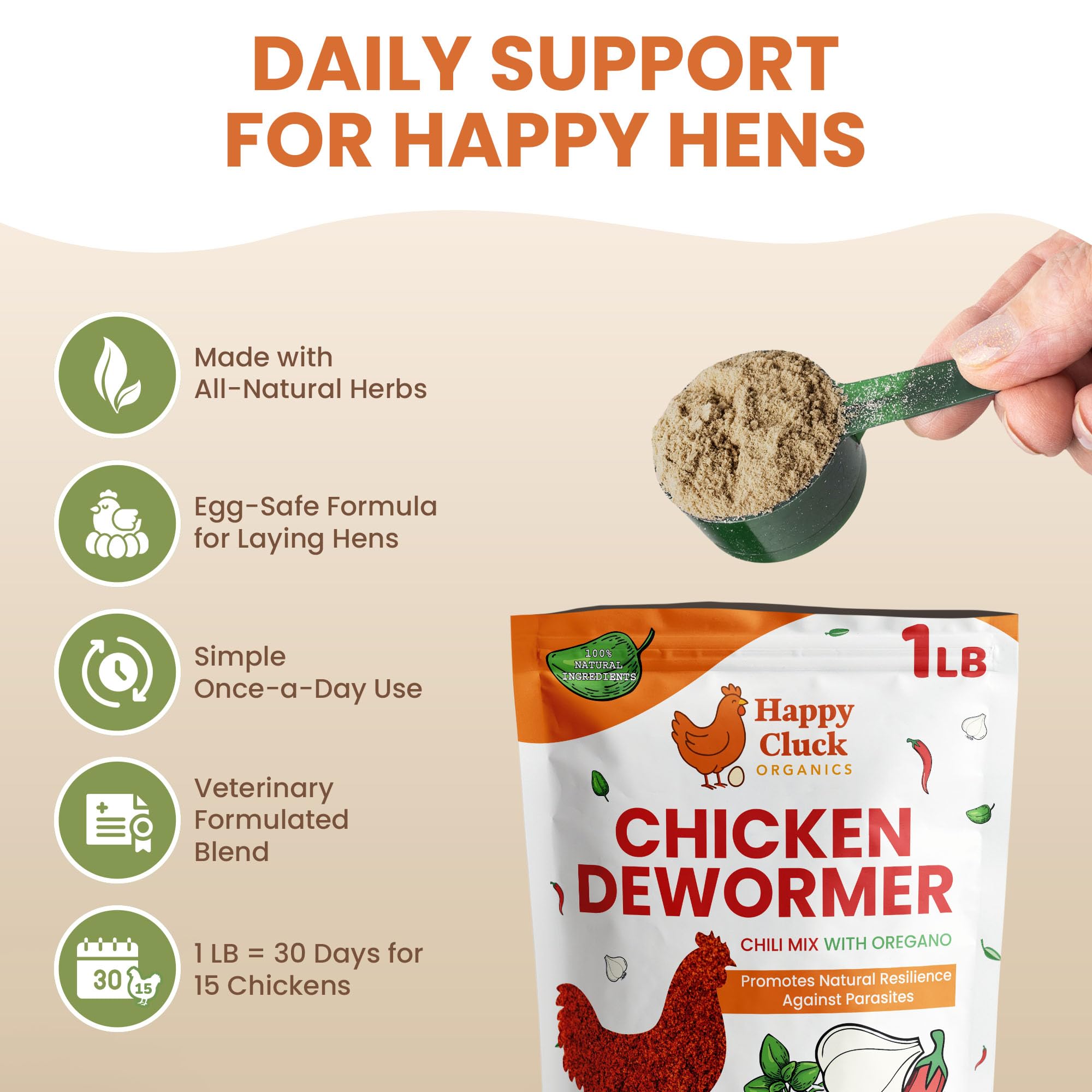 Lemant chicken dewormer chili mix scoop dispensing a daily dose.