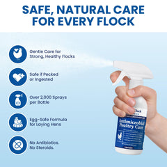 Close-up of Lemant Poultry Care Spray application showing gentle, no rinse use.