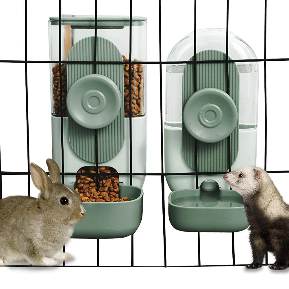 Lemtrflo hanging feeder rabbit demonstrates space-saving design for cages, keeping feeding area tidy.