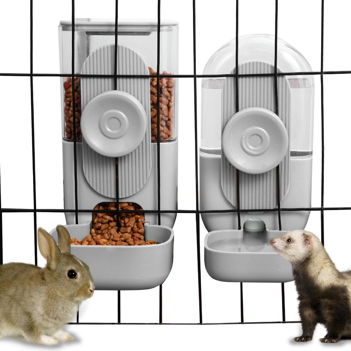 Lemtrflo hanging rabbit feeder mounted on a cage, space-saving dining for small pets.
