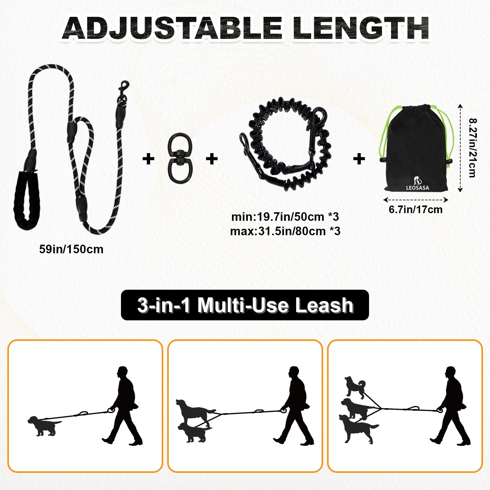 LEOSASA 3-in-1 modular leash adapts to one, two, or three dogs.