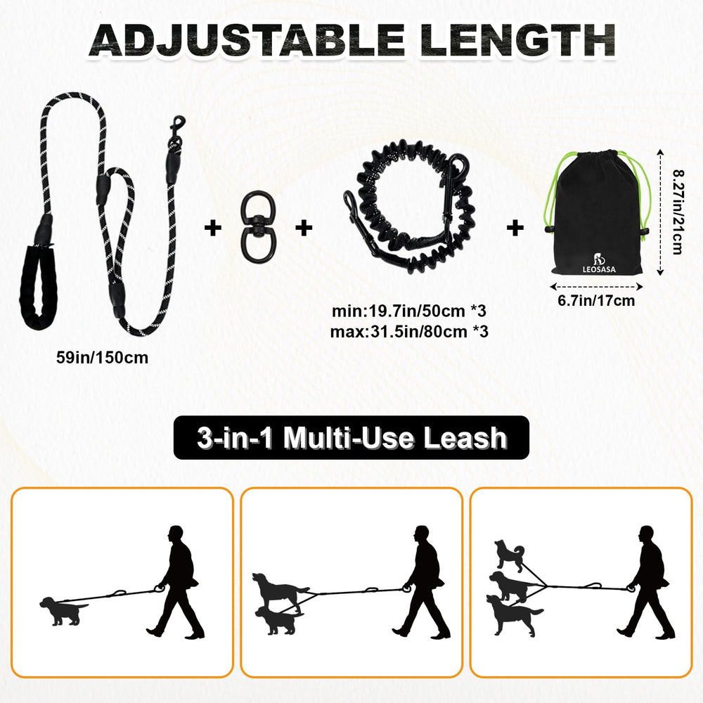 LEOSASA 3-in-1 modular leash adapts to one, two, or three dogs.