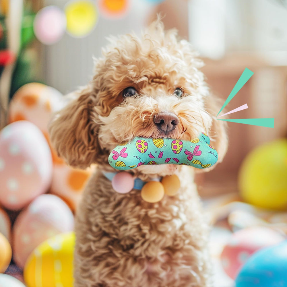 Lepawit Easter dog toy showing interactive play with squeaker
