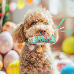 Lepawit Easter dog toy showing interactive play with squeaker