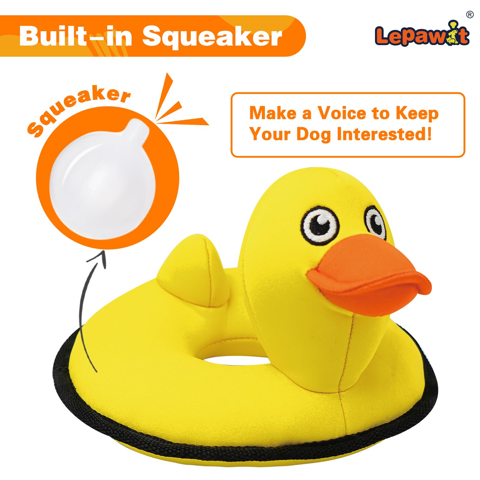 Lepawit floating dog toy in yellow duck for water games and cooling fun.