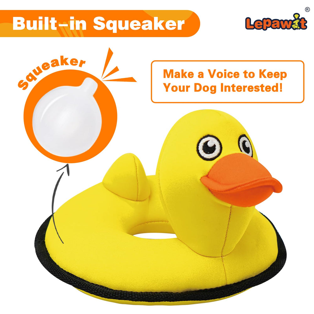 Lepawit floating dog toy in yellow duck for water games and cooling fun.