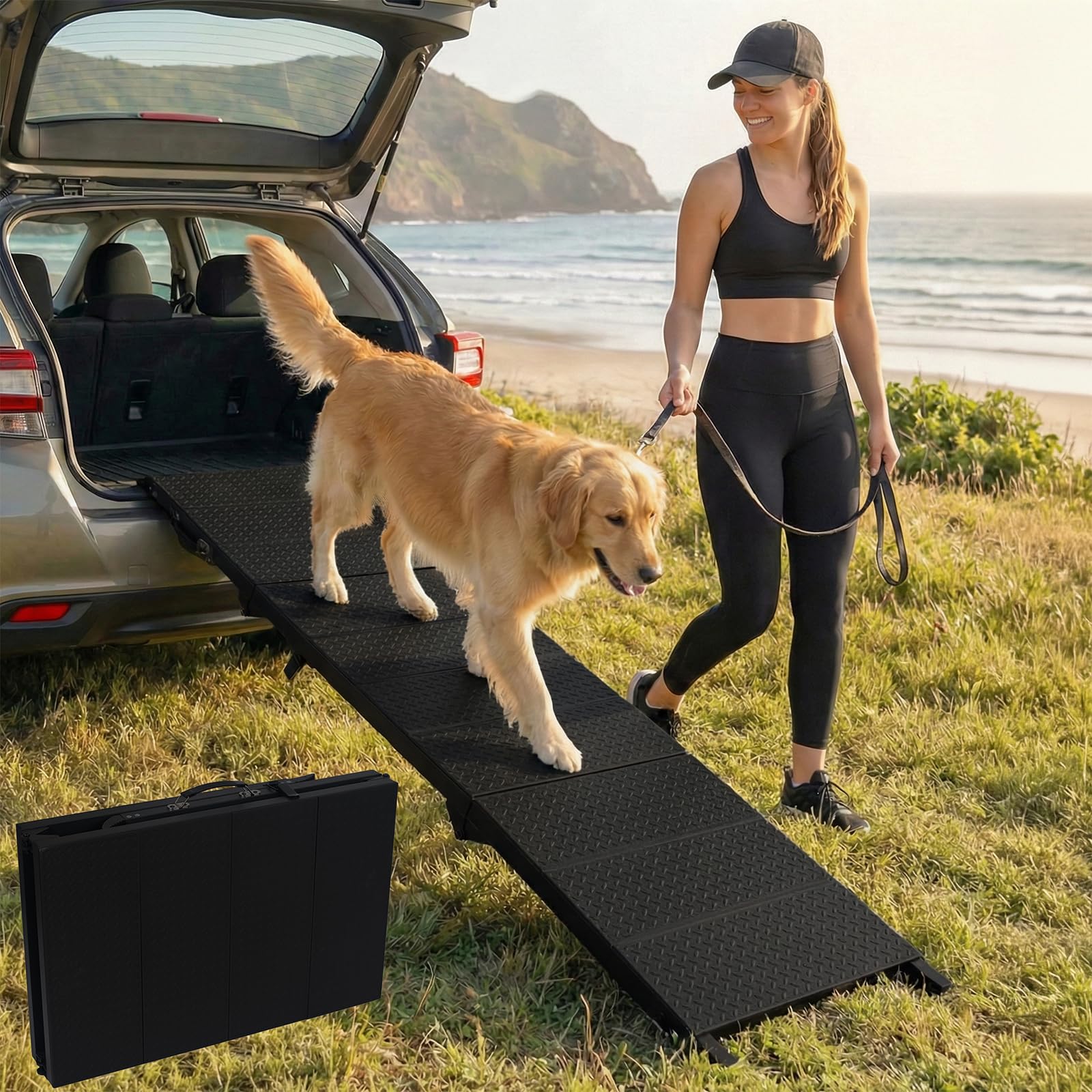 Lesguyor dog ramp 71-inch extended assists large dogs into SUVs with a gentle incline.