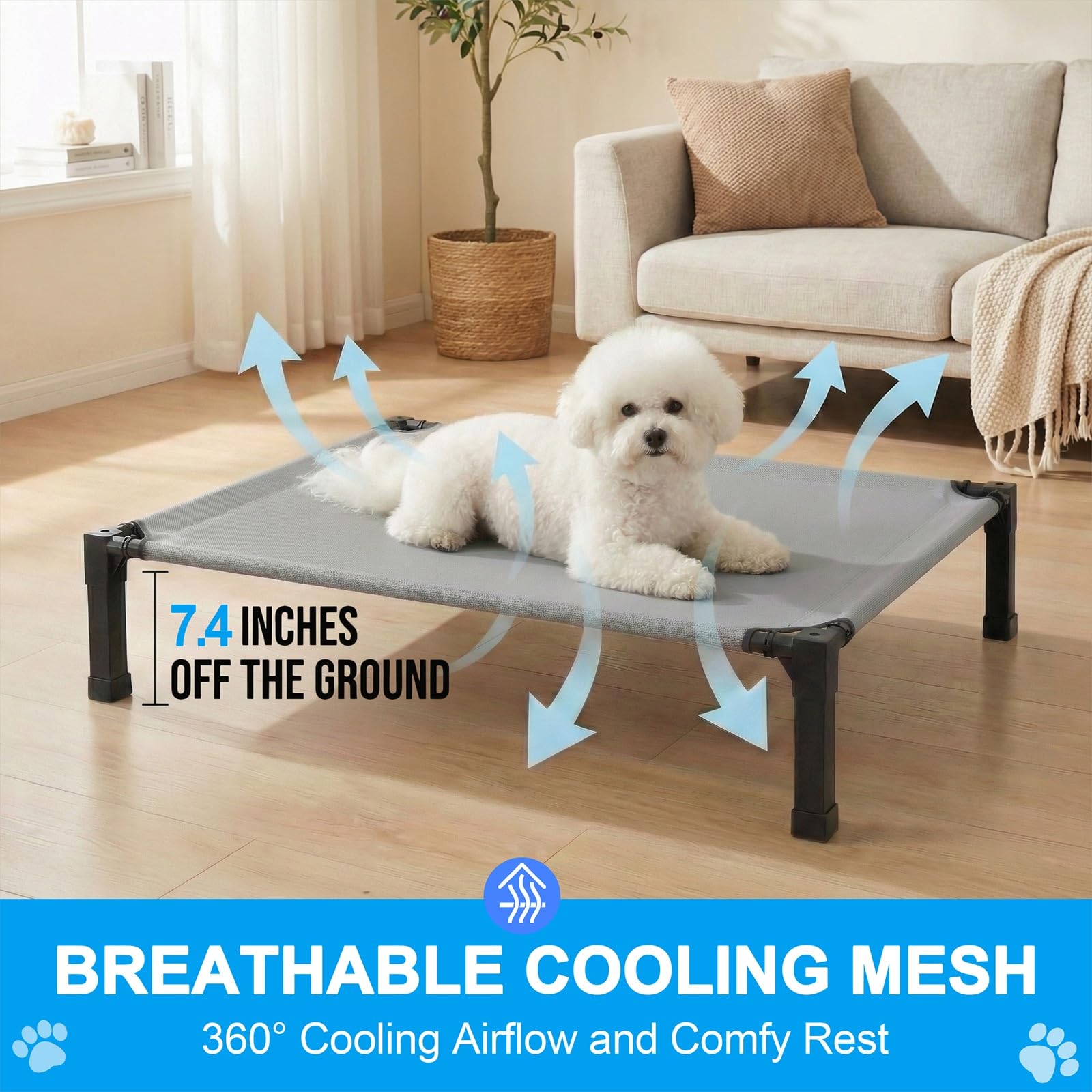 Lesguyor elevated dog bed showing breathable mesh for cooling comfort