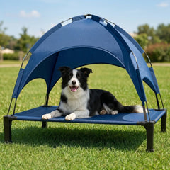 Lesguyor elevated dog bed with canopy shows quick tool-free outdoor setup