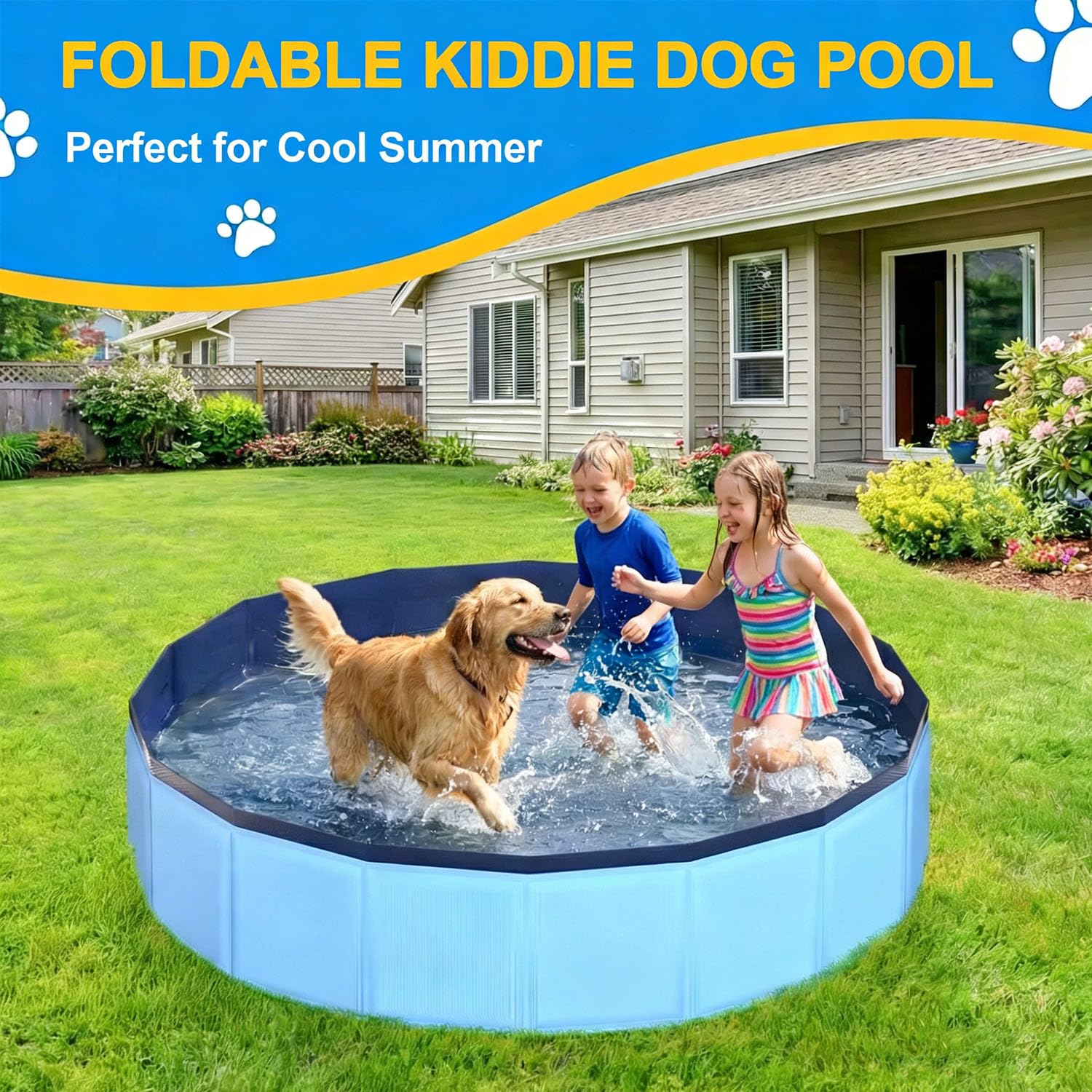Lesguyor dog pool being folded for compact storage after use.