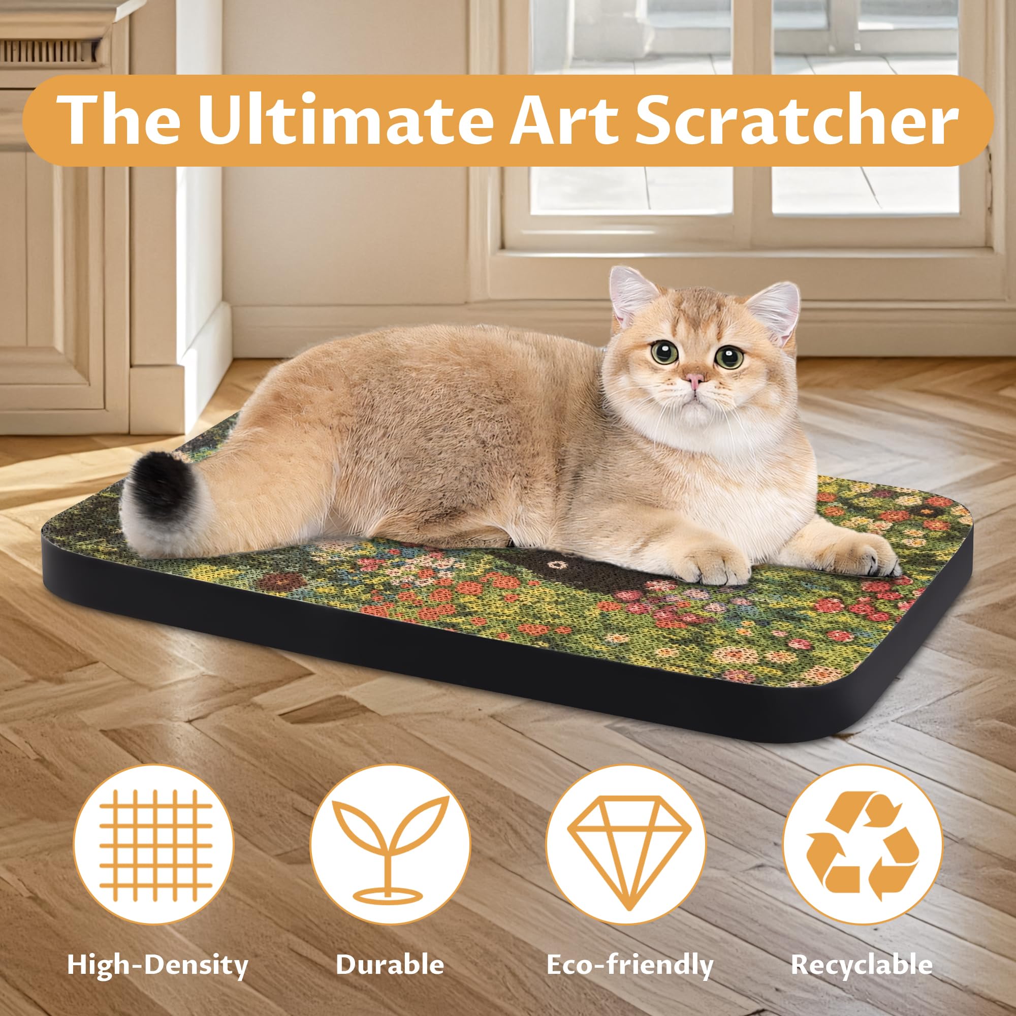 Lesissmer Art Cat Scratcher placed on floor for lounging cats