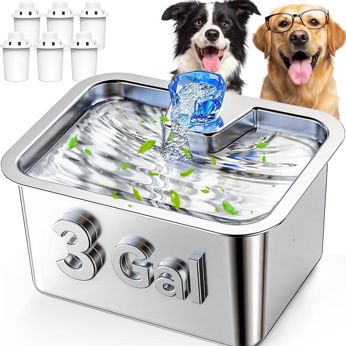 Lesotc 3Gal fountain showing a wide drinking area for multiple pets.