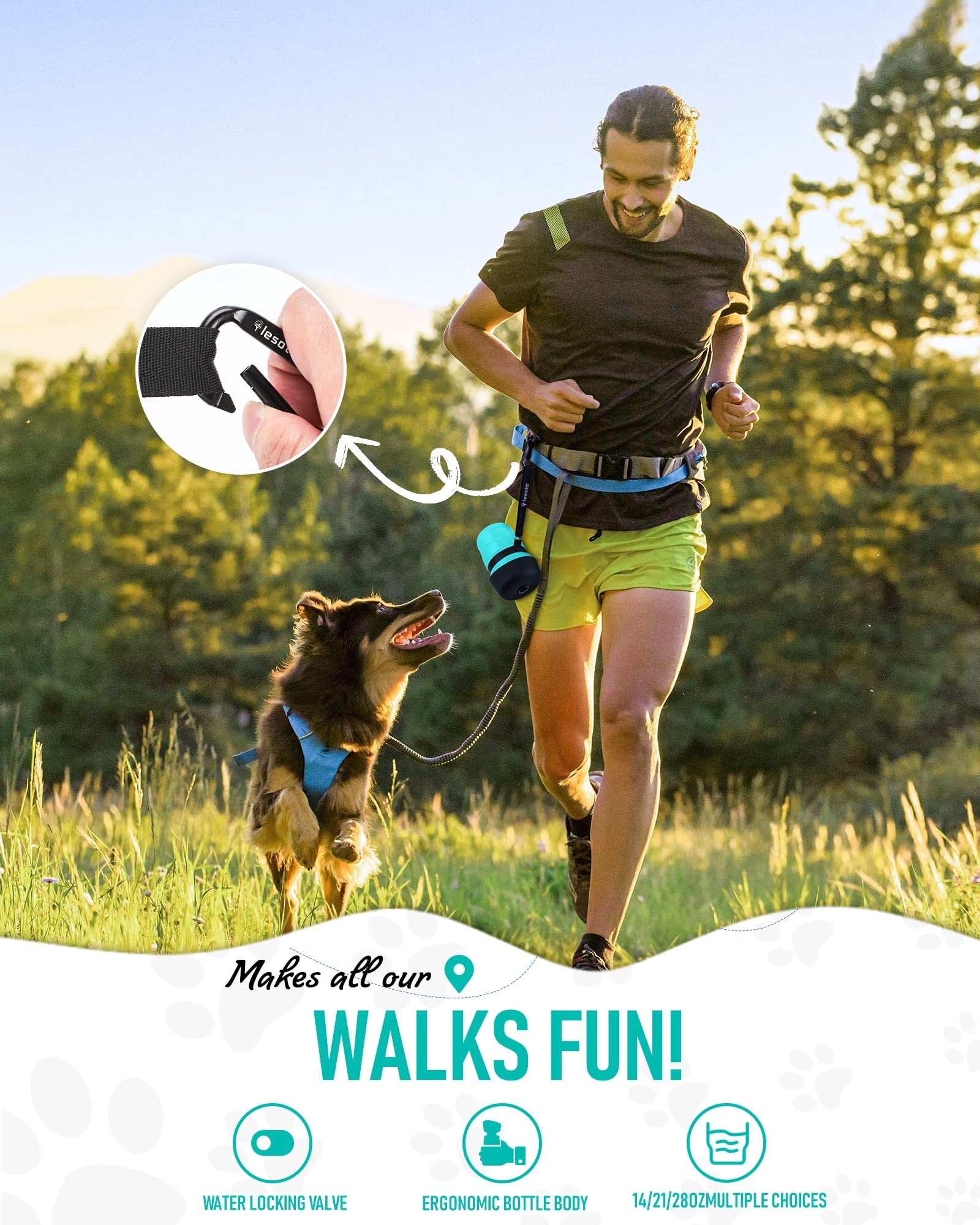 Lesotc dog water bottle 2-in-1 design with fold-cap bowl.