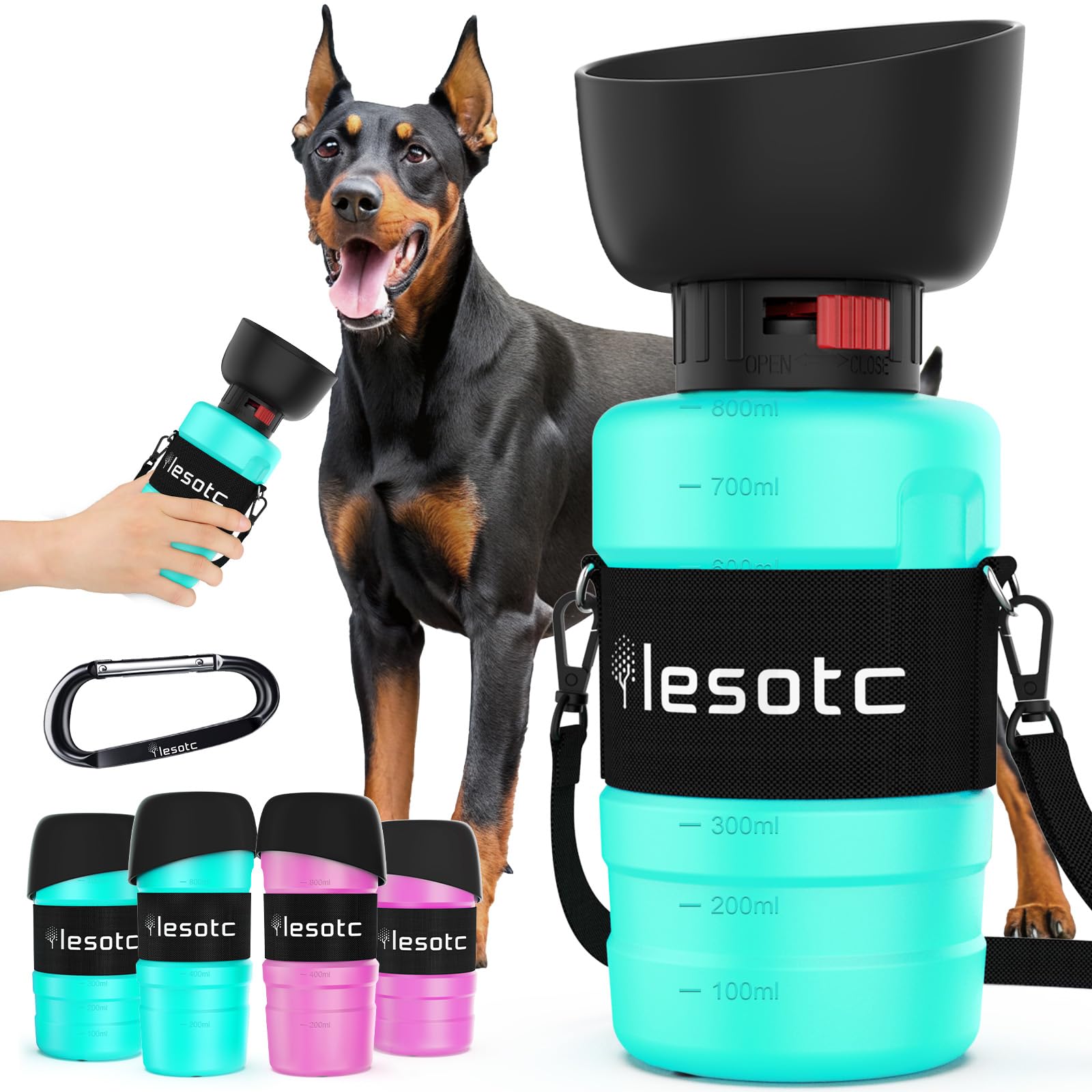 Lesotc dog water bottle shows 28oz capacity for long walks.