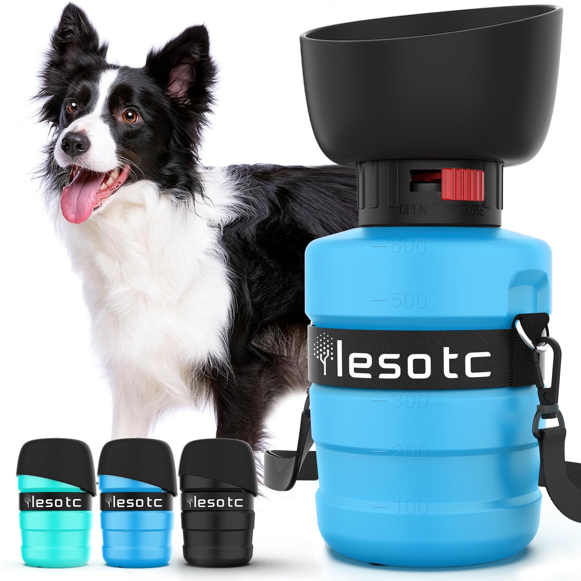 Lesotc dog water bottle with integrated bowl setup used on a sunny walk