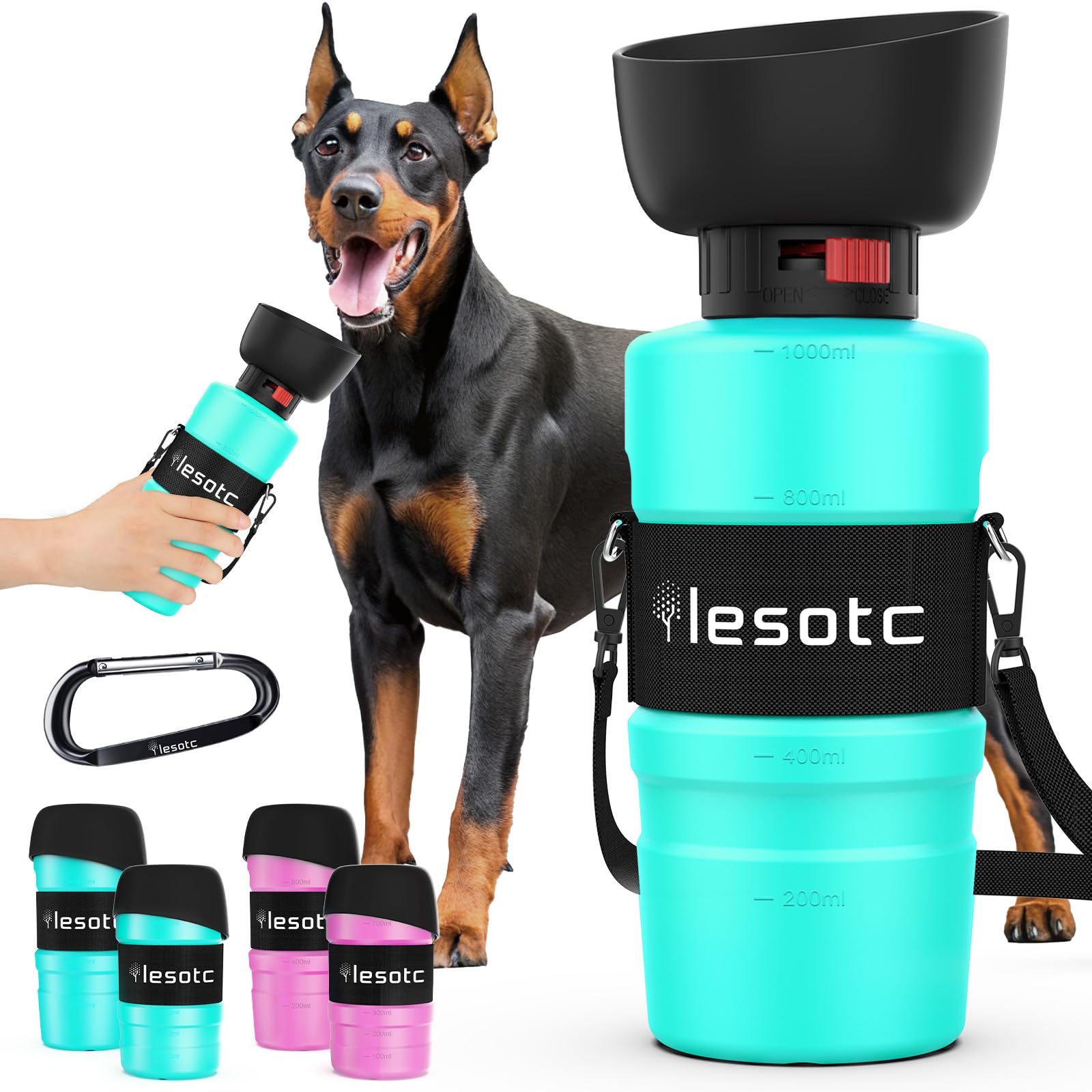 Lesotc dog water bottle cap close-up shows leak-proof seal for clean on-the-go hydration.
