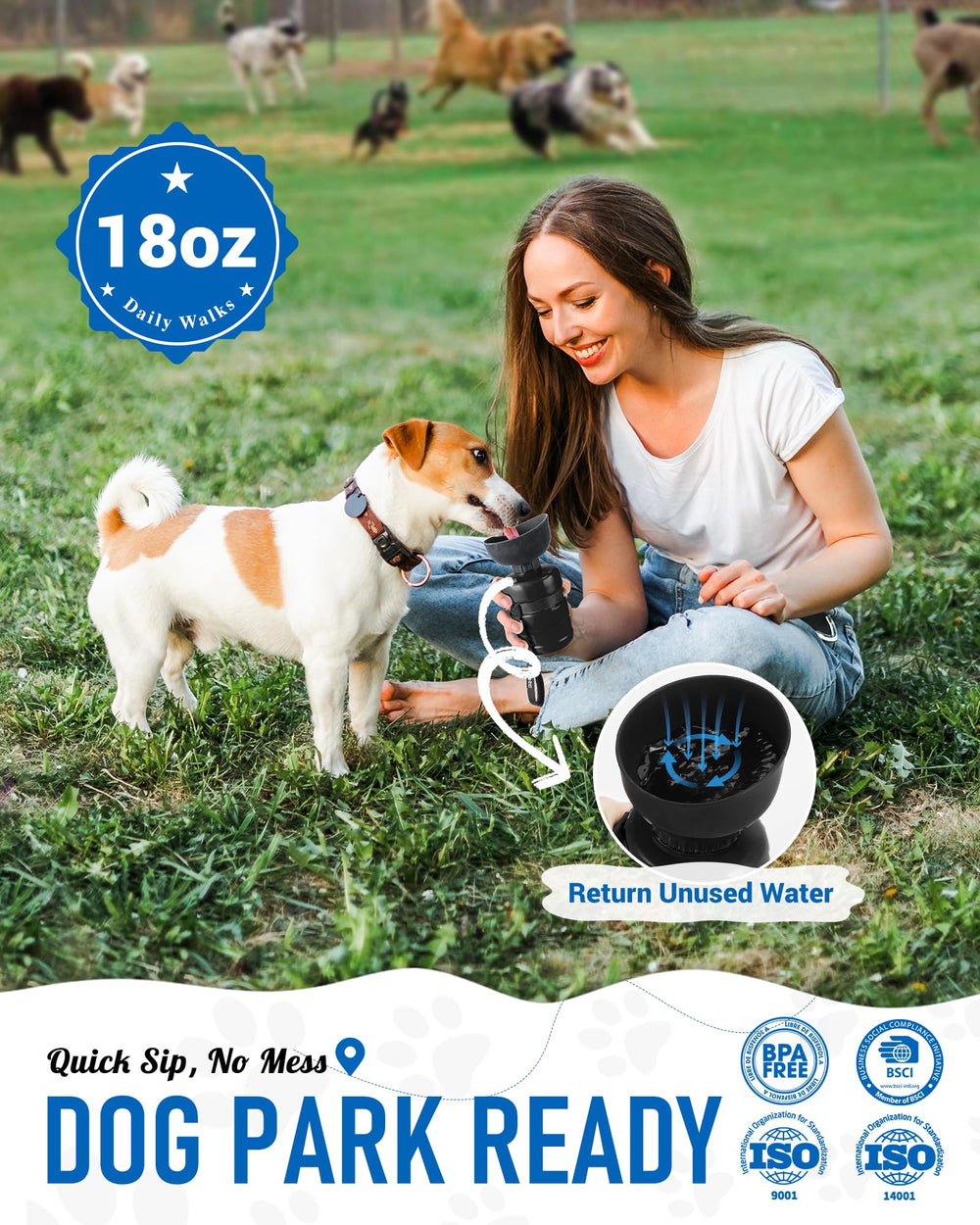 Lesotc dog bottle carabiner attachment enables hands-free transport.