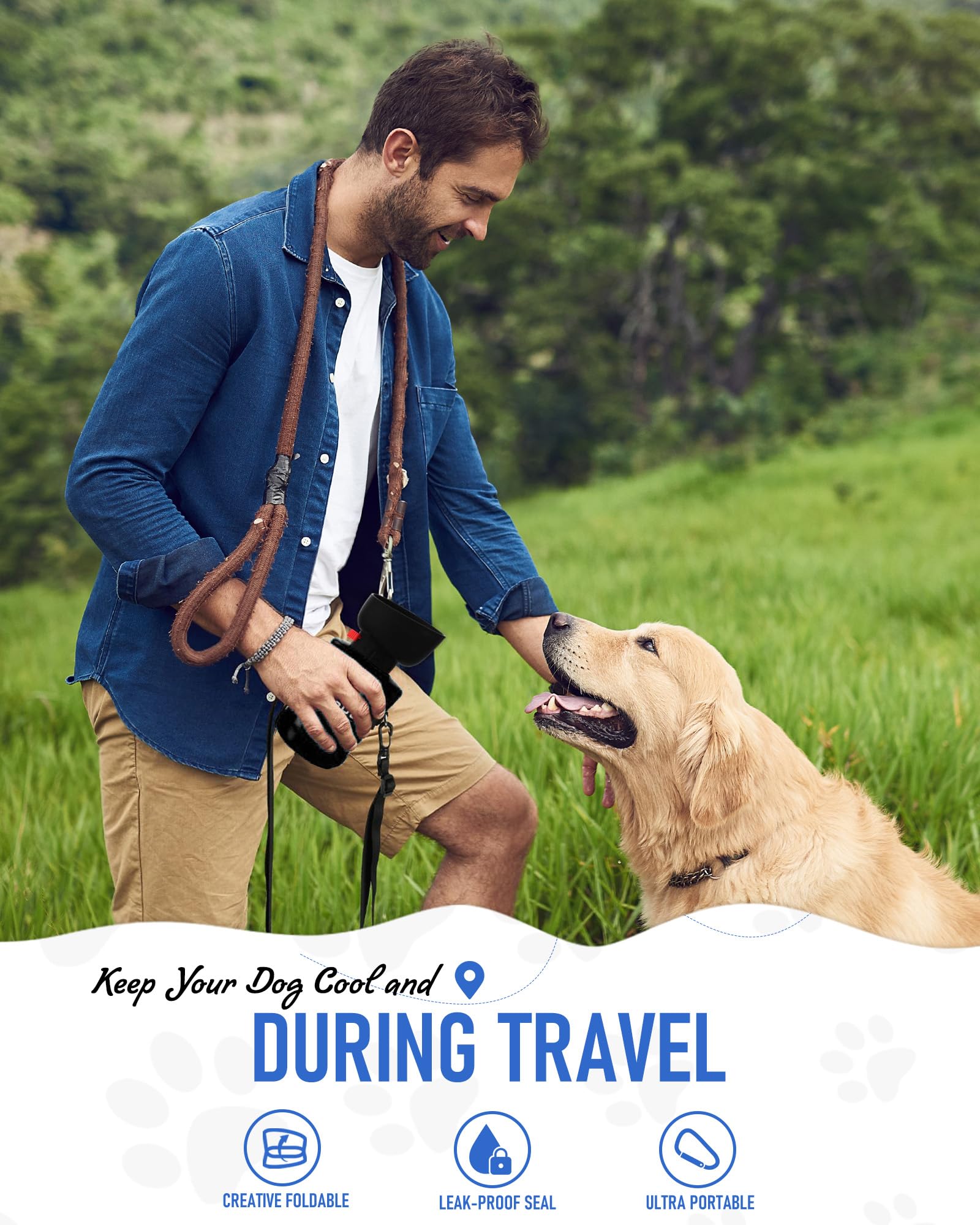 Lesotc dog water bottle carabiner option for versatile attachment.