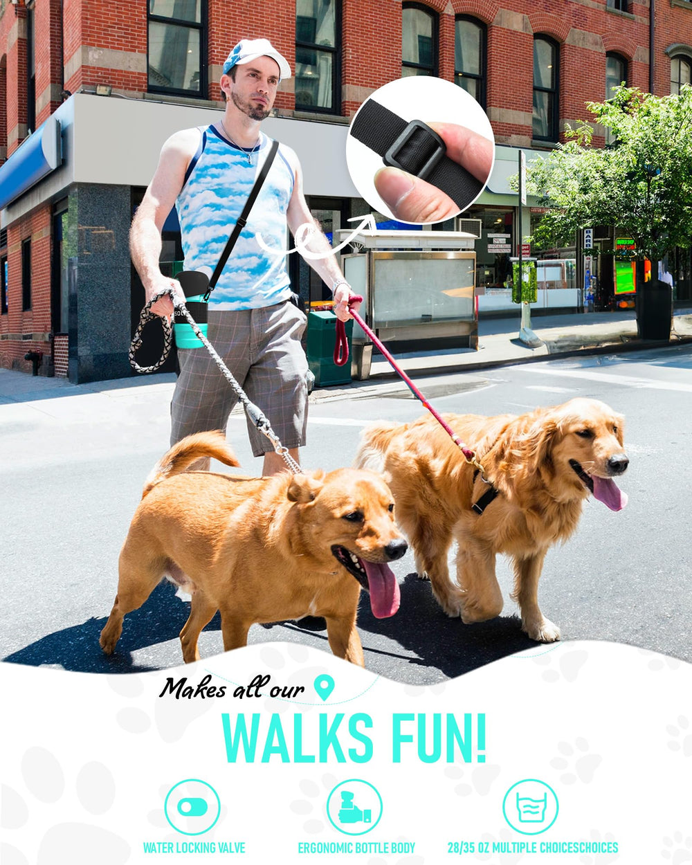 Lesotc dog water bottle with carry strap enables hands-free outdoor use.