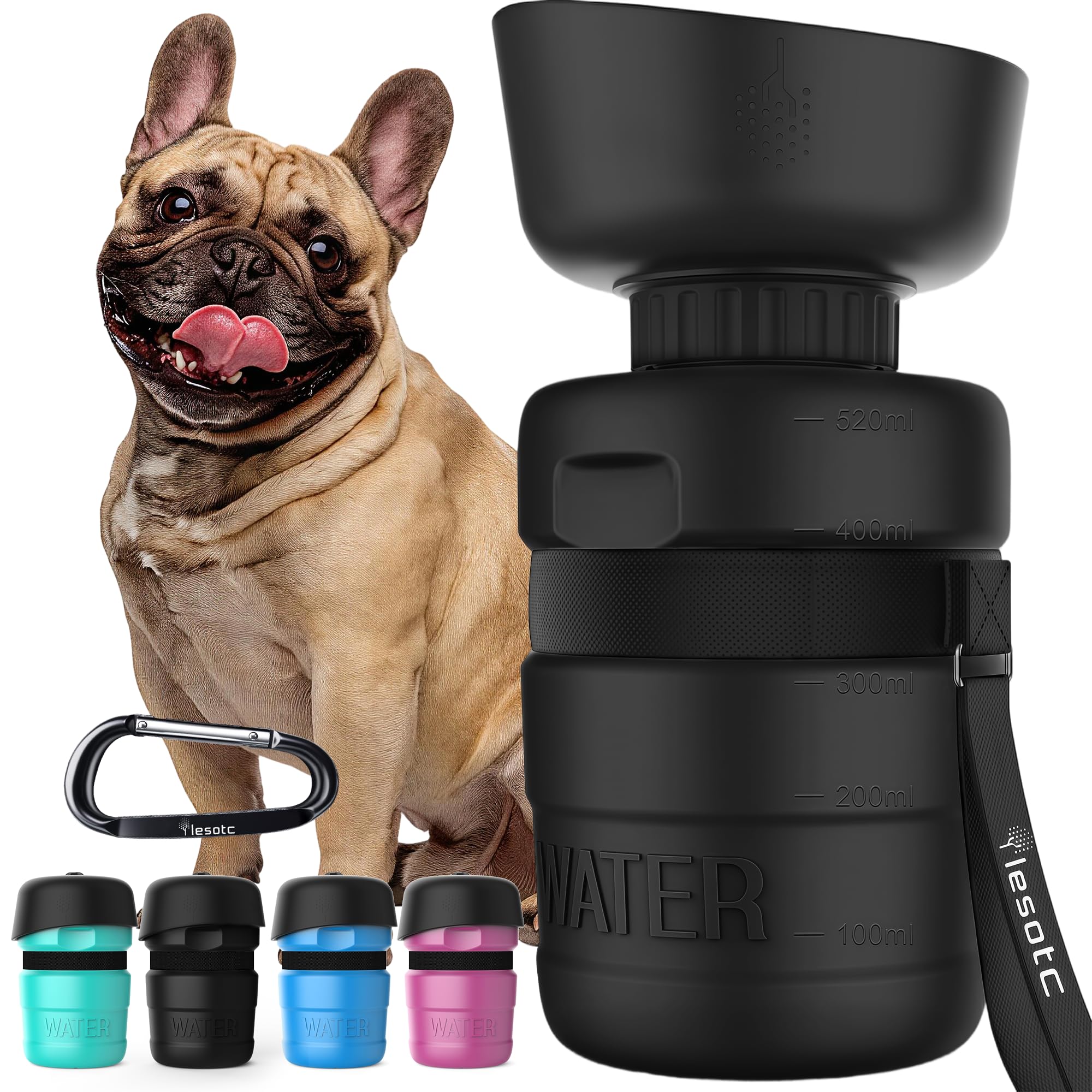 Lesotc dog water bottle with extension strap for easy outdoor hydration.