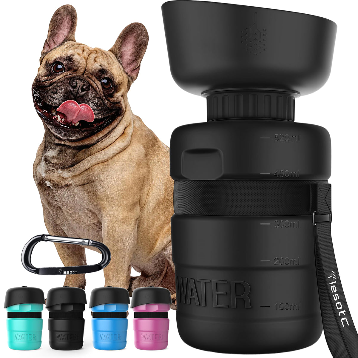 Lesotc dog water bottle with extension strap for easy outdoor hydration.