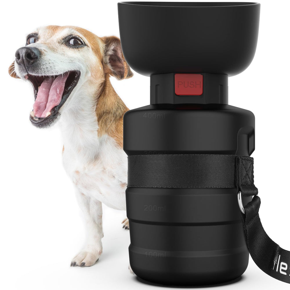 Lesotc dog water bottle with fold-cap bowl for easy on-the-go hydration.