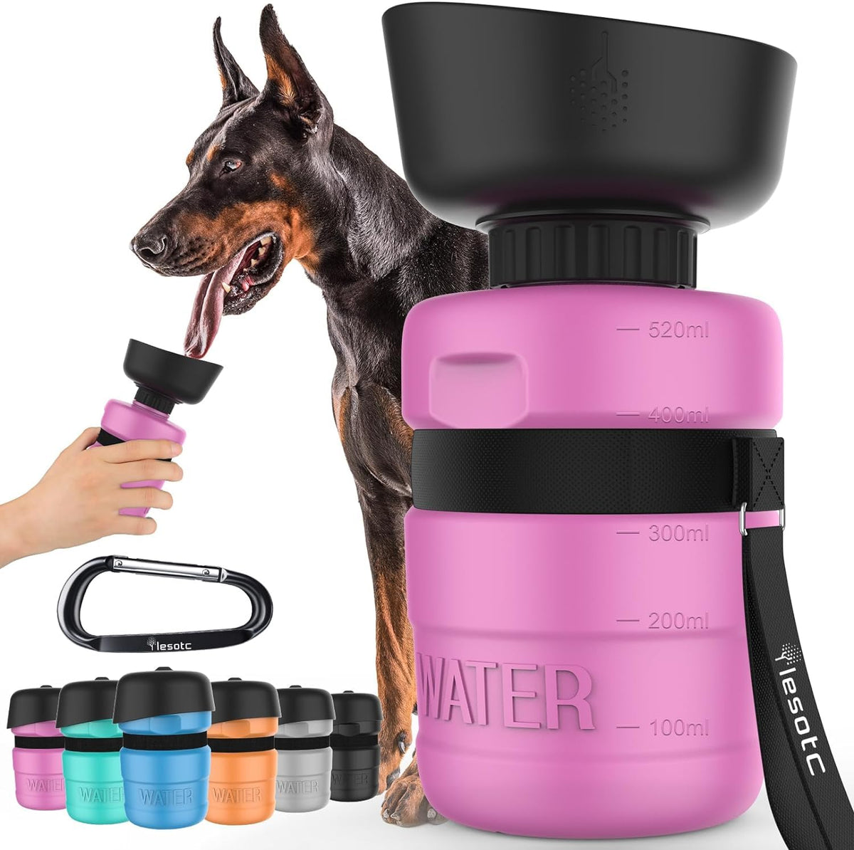 Lesotc dog water bottle with fold-cap bowl ready for outdoor walks.