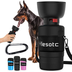 Lesotc dog water bottle with fold-cap bowl for on-the-go hydration.