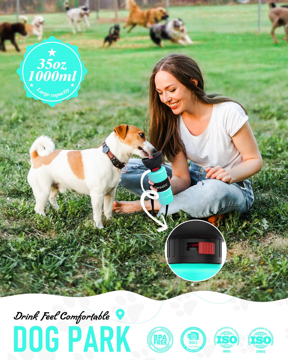Lesotc dog water bottle fold-cap bowl demonstrates convenient two-in-one hydration solution.
