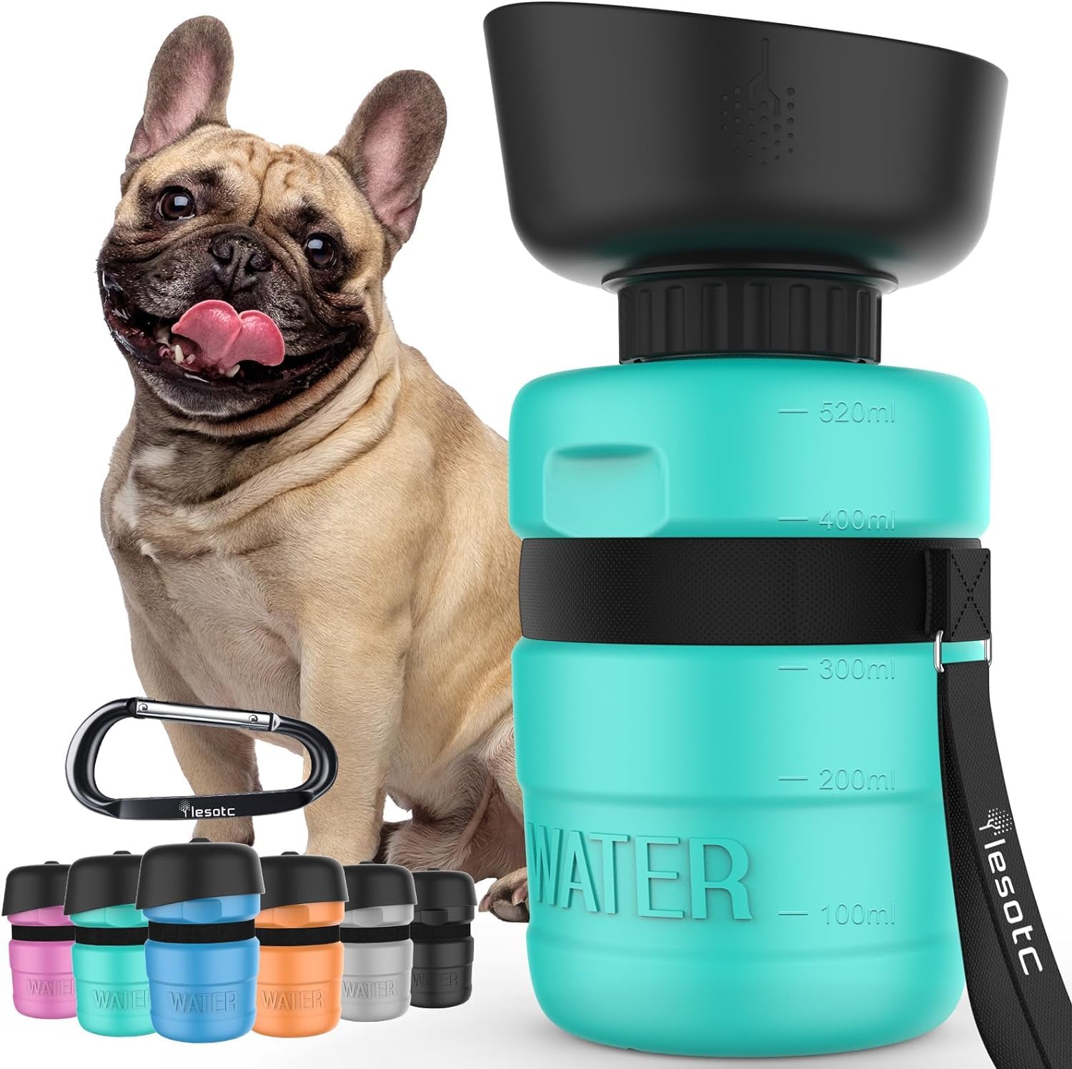 Lesotc dog water bottle with leak-proof cap for travel and hikes.