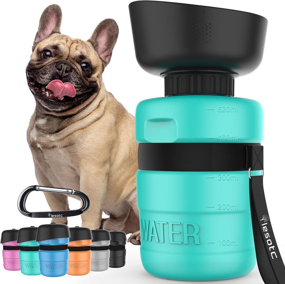 Lesotc dog water bottle with leak-proof cap for travel and hikes.