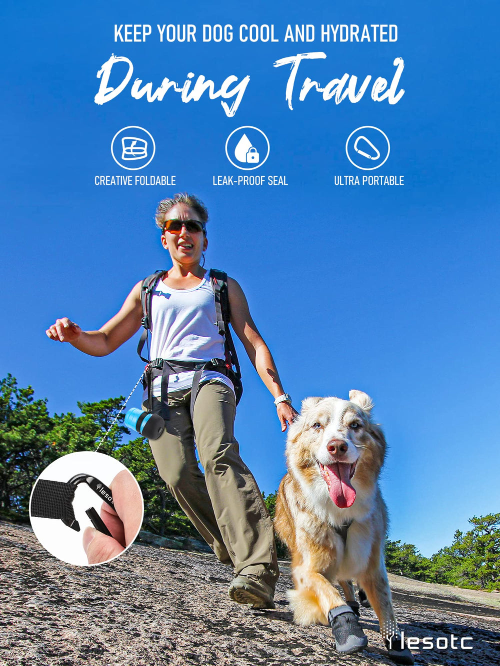 Lesotc dog water bottle leak proof lock prevents spills on adventures.